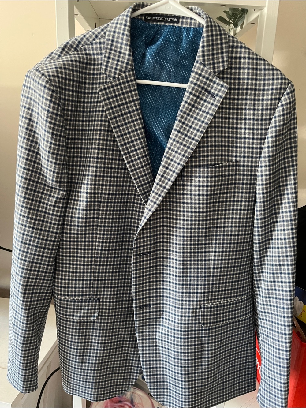 Men's Navy & White Check Sport Coat - Classic Tailored Blazer